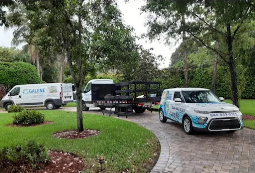 Galene service vans parked at a Florida customer's home for a free water assessment