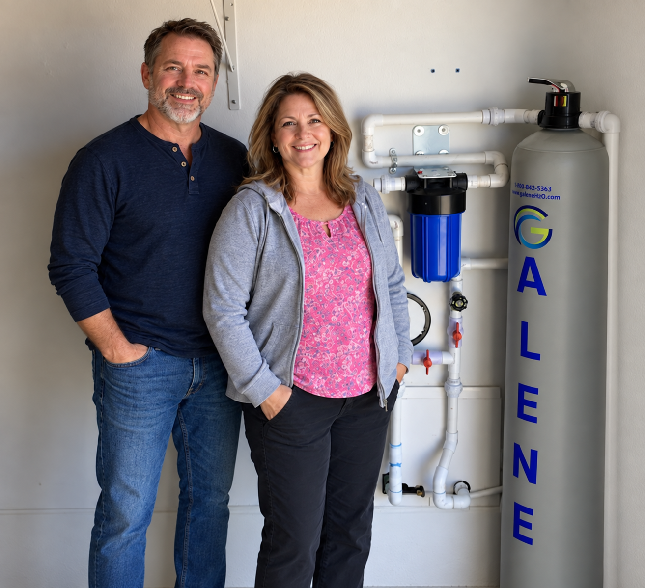 Happy Florida homeowners beside their Galene whole-home water system