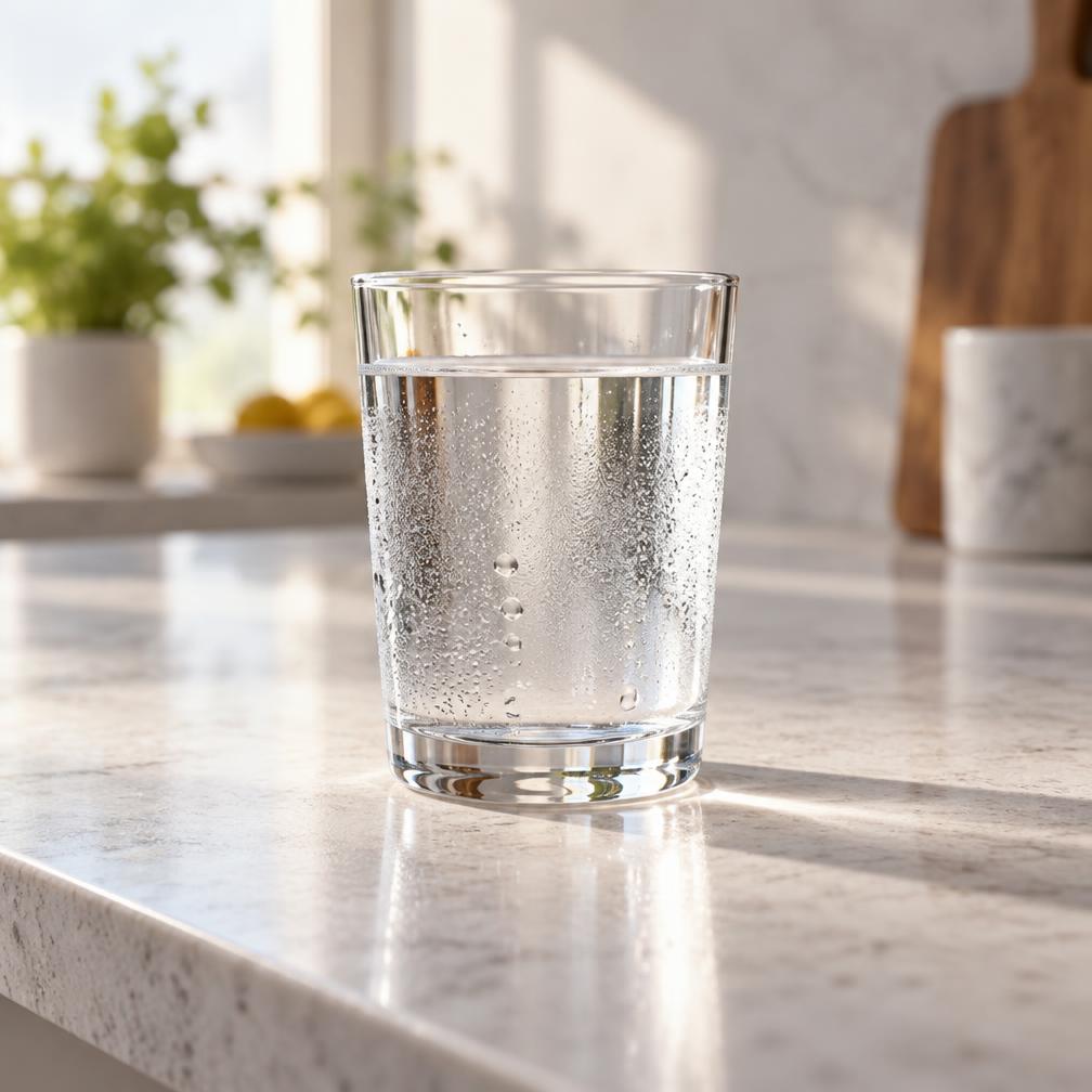 A clear glass of water on a kitchen counter