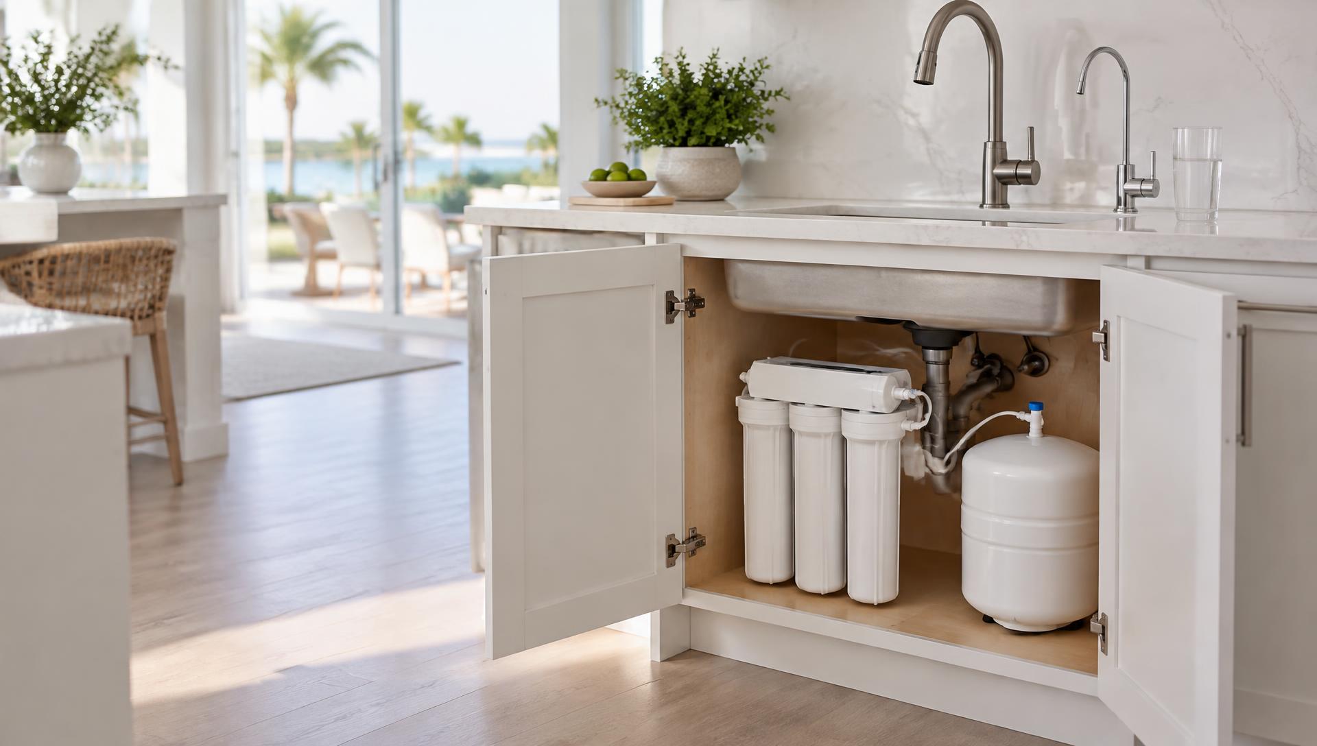 Under-sink reverse osmosis system installed in a bright Florida kitchen