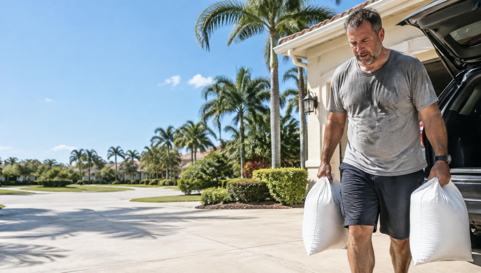 Florida homeowner hauling heavy bags of softener salt from his car
