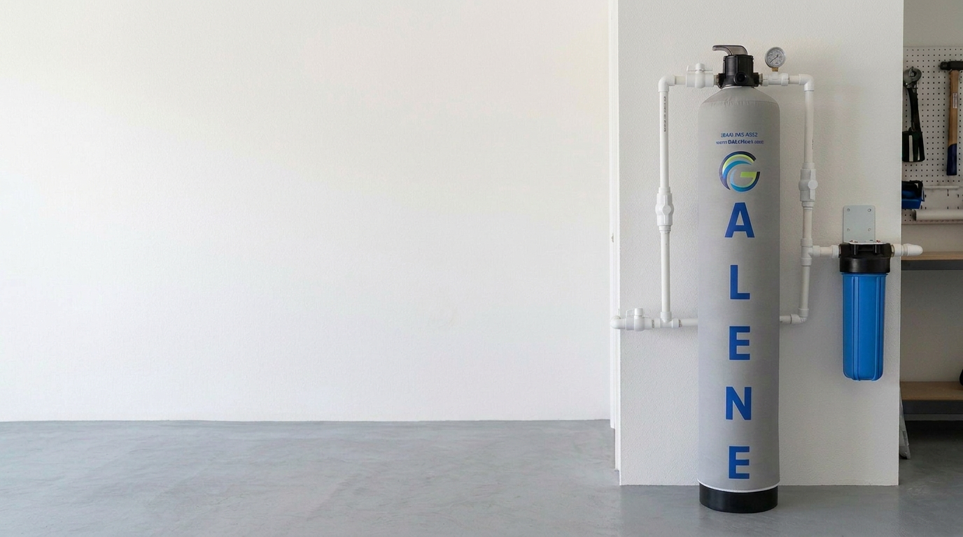 Galene salt-free water system installed in a clean garage