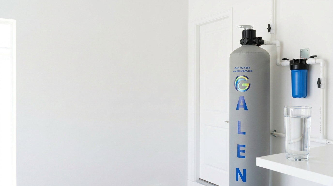 Galene water system installed at the main water line with a glass of clean water