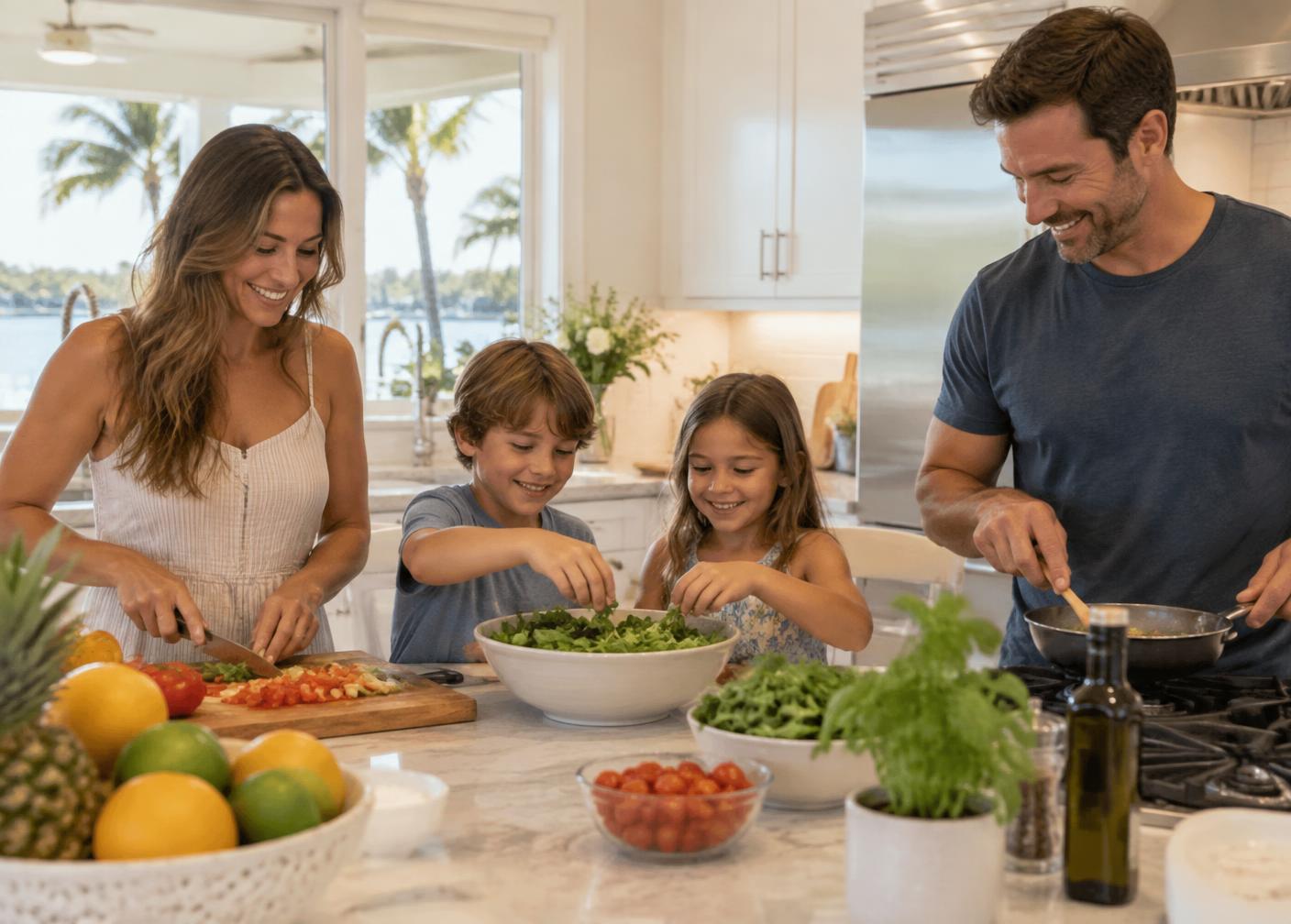 Family cooking together in a Florida kitchen
