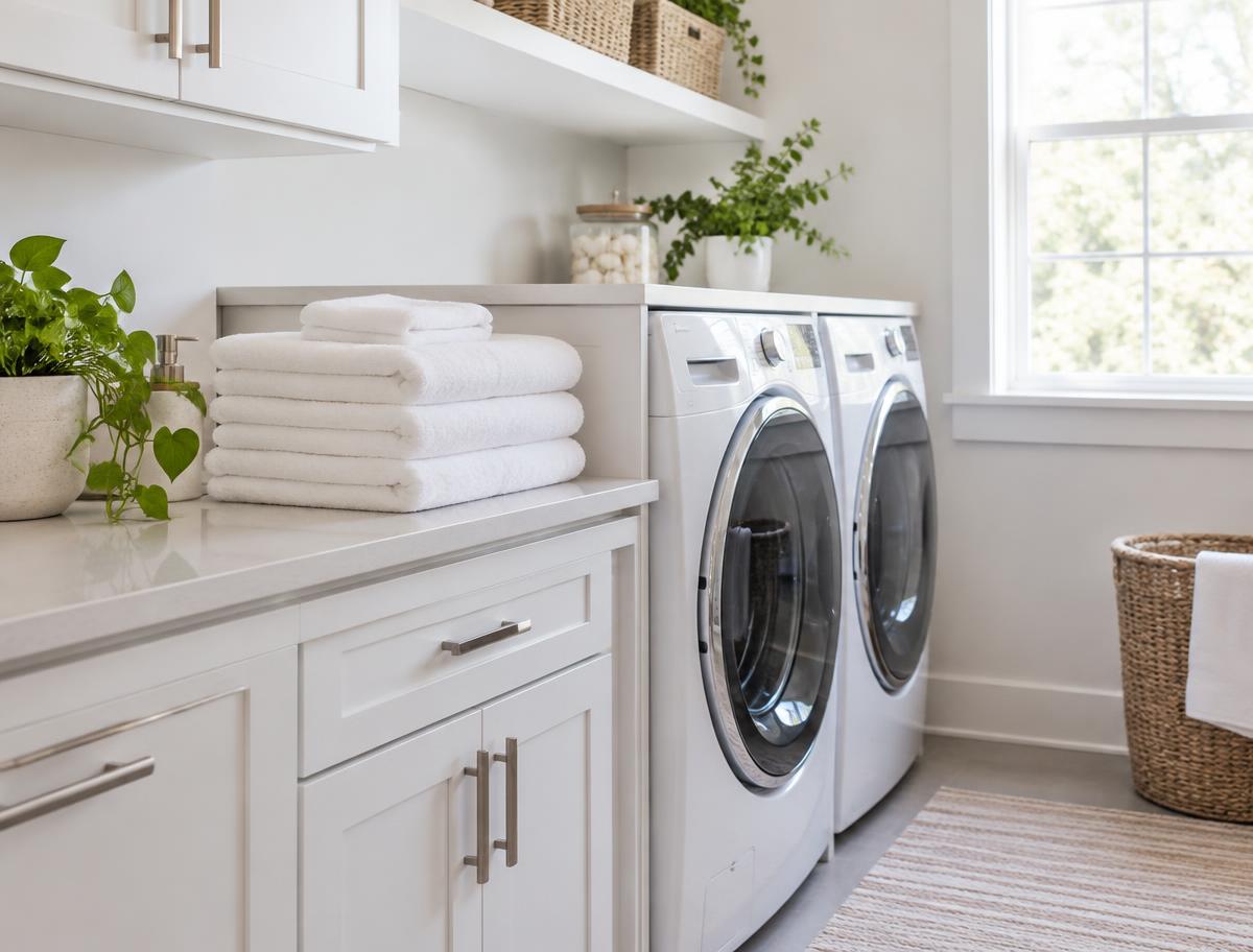 Bright laundry room with folded towels