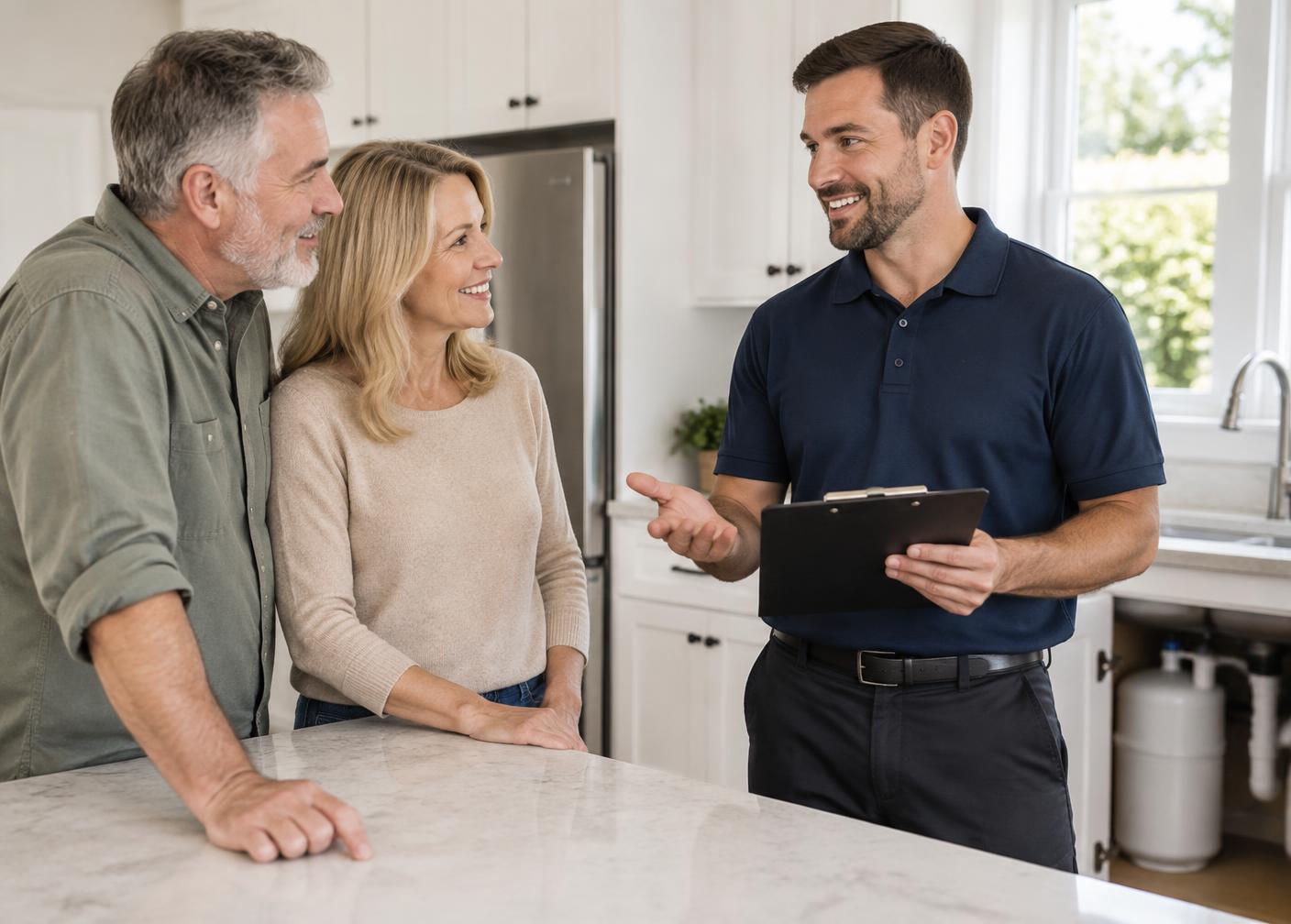 A Galene water specialist explaining options to homeowners