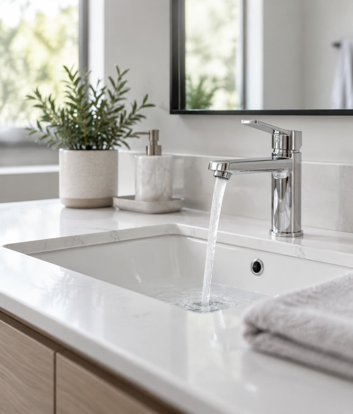 Clear water running from a bathroom faucet